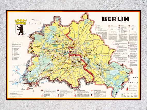 Granice Berlina Zachodniego i Wschodniego | Historyczna mapa Berlina |  Sztuka cienna z czasw zimnej wojny - Etsy Polska