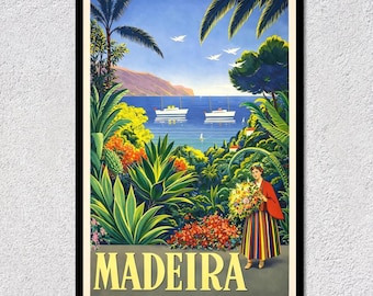 Madeira Vintage Travel Poster | Retro Portugal island Coastal Landscape Art Print