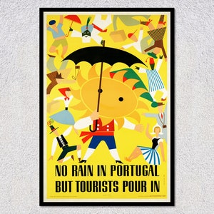 Póster de viaje vintage de Portugal: impresión turística retro de 1954: no llueve, pero los turistas llegan en masa. Arte publicitario