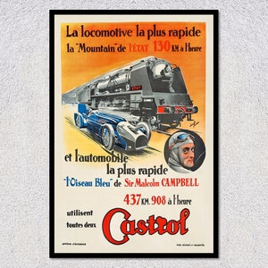 Reproduction d'affiche de record de vitesse des années 30 | impression vintage de course de train et de voiture | Art mural automobile historique