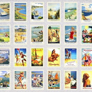 Zestaw 24 brytyjskich pocztówek plażowych | Reklamy zabytkowych kurortów nadmorskich | Odrestaurowane brytyjskie wydruki podróżnicze nadmorskie
