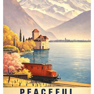 May include: Vintage travel poster for Switzerland. An orange train travels along a lake with a castle and mountains in the background. The poster reads "Peaceful Switzerland" in navy blue text.