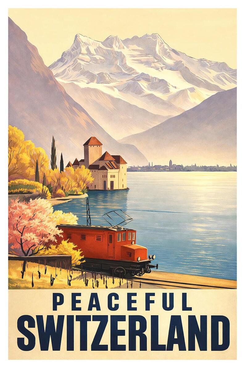 May include: Vintage travel poster for Switzerland. An orange train travels along a lake with a castle and mountains in the background. The poster reads "Peaceful Switzerland" in navy blue text.