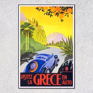 Póster de carreras vintage de Grecia, impresión de deportes de motor clásicos, arte de viajes retro, decoración de pared de mediados de siglo, obra de arte del Gran Premio