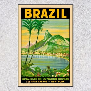 Cartaz de viagem do Brasil dos anos 1930 – Impressão vintage do Rio de Janeiro – Arte de turismo retrô – Decoração clássica da América do Sul