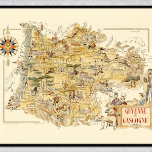 Guyenne & Gascog Harmony – Pôster de mapa pictórico vintage – Arte de parede histórica