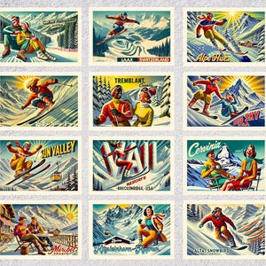 de reproduction de cartes postales de station de ski | 12 cartes montagne vintage | Pack voyage hiver rétro
