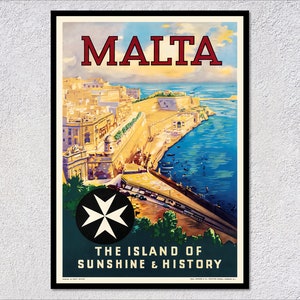 Póster de viaje vintage de Malta: impresión retro mediterránea: arte mural costero y de turismo en islas clásicas