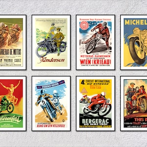Historic Motorcycle Posters Reproduction Set | Retro Biker Culture Art Prints | Vintage Racing (8 pcs)
