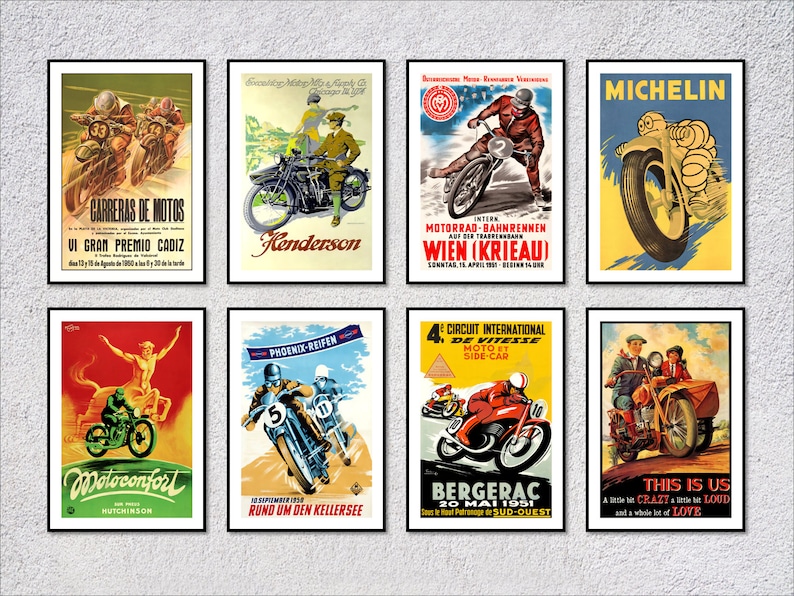 Puede incluir: Una colecci&oacute;n de ocho p&oacute;sters vintage de carreras de motocicletas. Los p&oacute;sters presentan ilustraciones coloridas de motocicletas, pilotos y circuitos de carreras. Los p&oacute;sters est&aacute;n en varios idiomas, incluidos ingl&eacute;s, franc&eacute;s, alem&aacute;n y espa&ntilde;ol. Los p&oacute;sters son una excelente manera de agregar un toque de estilo vintage a su hogar u oficina.