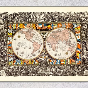 May include: A vintage world map print with a decorative border of flags and illustrations. The map is titled "World of Ours" and shows the continents of North America, South America, Europe, Asia, Africa, and Australia. The map is printed on a cream-colored paper.