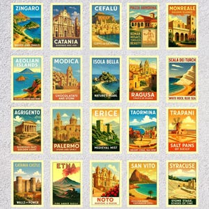 Juego de 20 postales de viaje a Sicilia / Reproducciones italianas antiguas / Paquete de pósteres sicilianos