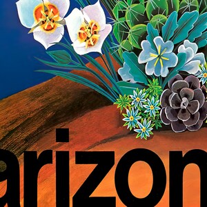 May include: A vibrant illustration featuring a variety of desert flora, including white and yellow wildflowers, blue and green succulents, and a dark gray succulent. The word "Arizona" is prominently displayed in black letters against an orange and blue background.