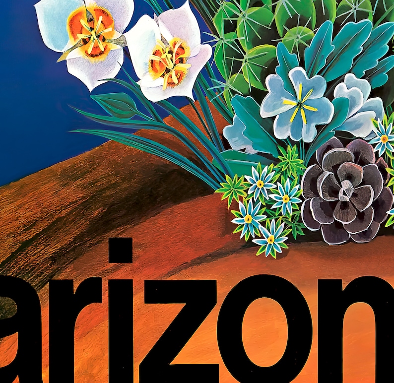 May include: A vibrant illustration featuring a variety of desert flora, including white and yellow wildflowers, blue and green succulents, and a dark gray succulent. The word "Arizona" is prominently displayed in black letters against an orange and blue background.
