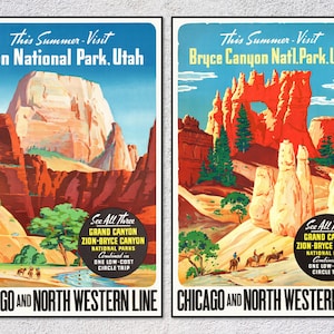 Poster del Parco Nazionale di Zion – Stampe di viaggio vintage dello Utah – Arte murale retrò del Parco Nazionale – Set di 2