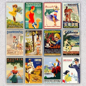 Reproducción de anuncios de viajes por el mundo / 12 postales turísticas vintage / Paquete de destinos retro