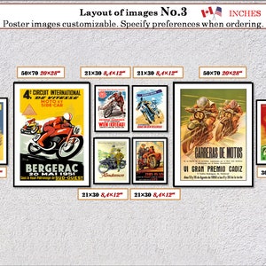 Puede incluir: Una disposici&oacute;n de p&oacute;sters vintage de carreras de motos de diferentes tama&ntilde;os. Los p&oacute;sters presentan im&aacute;genes de motocicletas, pilotos y circuitos. Los p&oacute;sters est&aacute;n enmarcados en negro y tienen bordes blancos. Los p&oacute;sters est&aacute;n dispuestos en una cuadr&iacute;cula sobre una pared gris texturizada. El texto en los p&oacute;sters incluye los nombres de las carreras, las fechas y las ubicaciones. Los p&oacute;sters est&aacute;n disponibles en varios tama&ntilde;os, incluyendo 30x40 pulgadas, 21x30 pulgadas y 50x70 pulgadas.