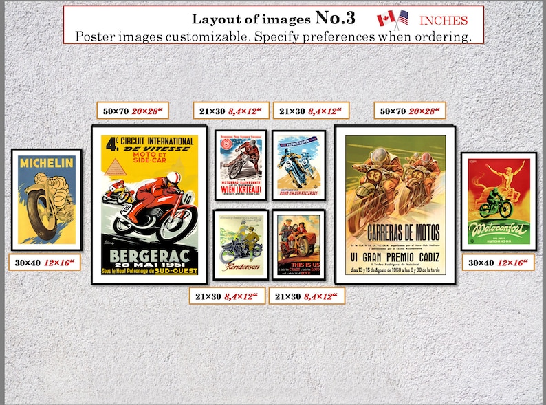 Puede incluir: Una disposici&oacute;n de p&oacute;sters vintage de carreras de motos de diferentes tama&ntilde;os. Los p&oacute;sters presentan im&aacute;genes de motocicletas, pilotos y circuitos. Los p&oacute;sters est&aacute;n enmarcados en negro y tienen bordes blancos. Los p&oacute;sters est&aacute;n dispuestos en una cuadr&iacute;cula sobre una pared gris texturizada. El texto en los p&oacute;sters incluye los nombres de las carreras, las fechas y las ubicaciones. Los p&oacute;sters est&aacute;n disponibles en varios tama&ntilde;os, incluyendo 30x40 pulgadas, 21x30 pulgadas y 50x70 pulgadas.