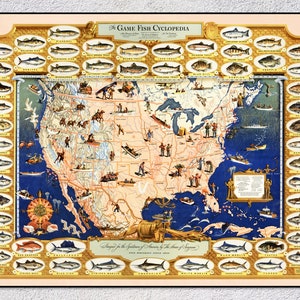 Pictorial Fish Map (1936) – Vintage Fishing Wall Art for Anglers and Map Enthusiasts
