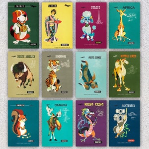 Cartes postales de voyage animal rétro | Lot de 12 vintage style compagnie aérienne | Art aéronautique restauré