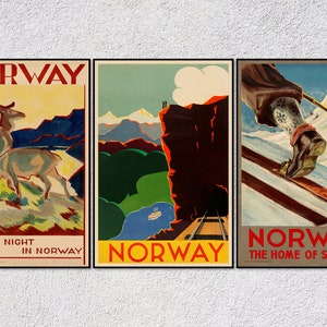 Pósteres vintage de Noruega: impresiones clásicas de viajes noruegos, obras de arte retro sobre turismo, arte mural panorámico, juego de 3