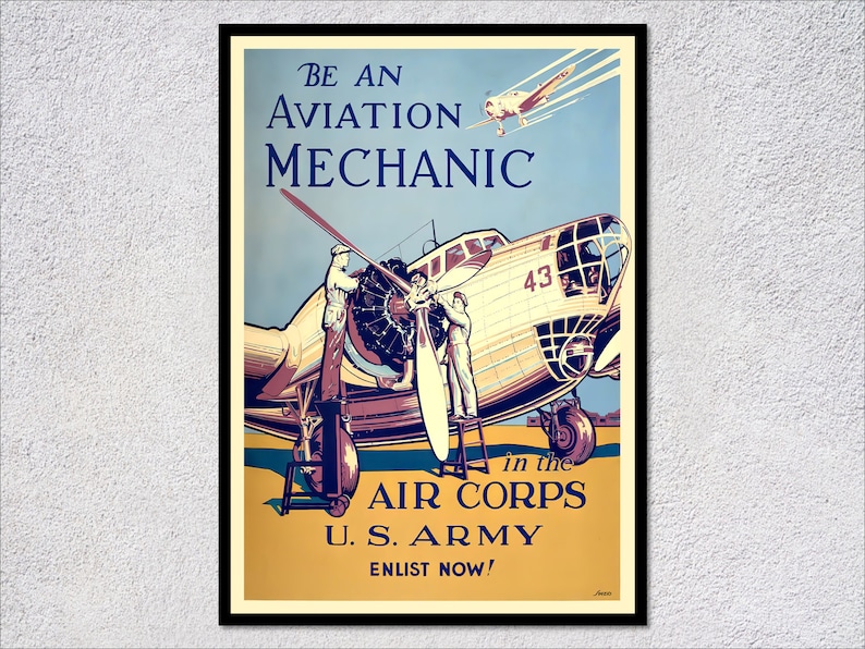 Op de afbeelding: Vintage Tweede Wereldoorlog-rekruteringsplakat met een vliegtuig met twee monteurs die aan de motor werken. De poster luidt "Be an Aviation Mechanic in the U.S. Army. Enlist Now!"