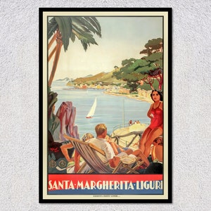 Póster de viaje vintage de Santa Margherita Ligure: impresión retro de Italia: arte turístico clásico de la Riviera de 1934
