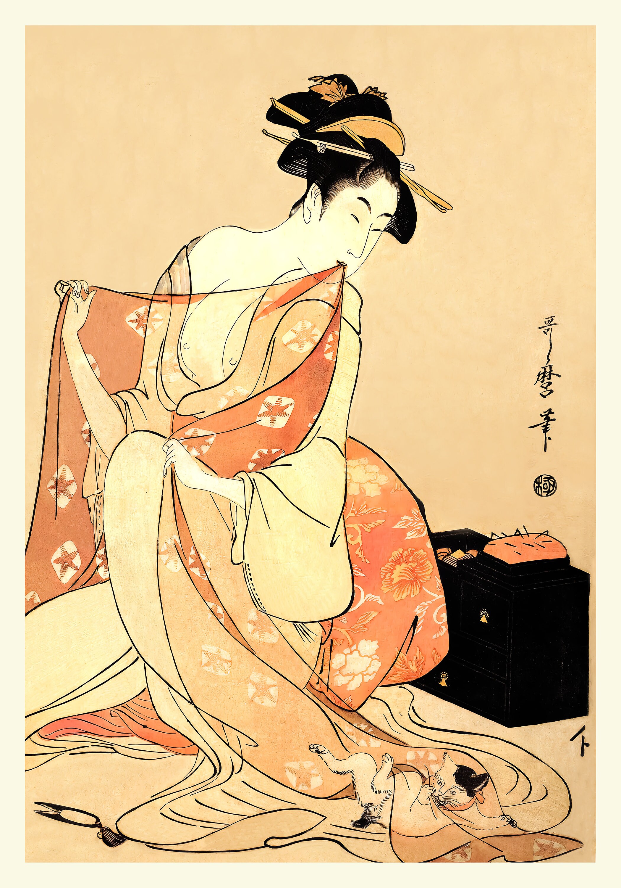 A Woman and a Cat – Kitagawa Utamaro Print – Japanese Ukiyo