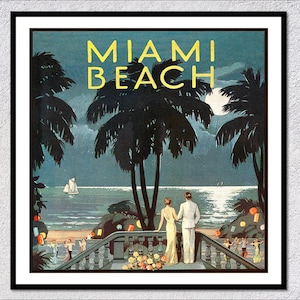 Póster retro de Miami Beach, impresión de viajes vintage a Florida, publicidad turística art déco, arte mural costero
