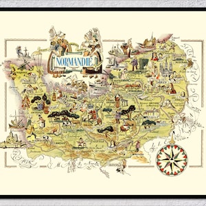 Normandie Essence: Mapa obrazkowa – Ilustrowana mapa regionalna Normandii, Francja – Sztuka ścienna w stylu vintage