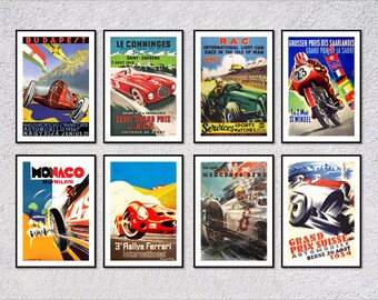 Set di 8 poster vintage da rally / Quadri da parete per rally europei