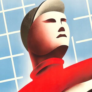 K&ouml;nnte beinhalten: Ein Vintage-Reiseposter mit einer stilisierten Illustration einer Person in einem roten Hemd und einer wei&szlig;en M&uuml;tze, die zum Himmel blickt. Das Poster hat einen blauen Hintergrund mit wei&szlig;en Gitterlinien und den Text "TURISMO 19..." in Schwarz.