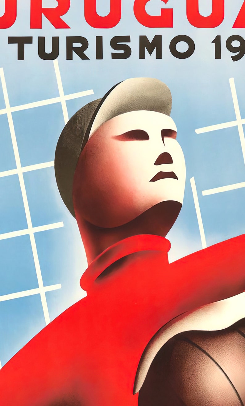K&ouml;nnte beinhalten: Ein Vintage-Reiseposter mit einer stilisierten Illustration einer Person in einem roten Hemd und einer wei&szlig;en M&uuml;tze, die zum Himmel blickt. Das Poster hat einen blauen Hintergrund mit wei&szlig;en Gitterlinien und den Text "TURISMO 19..." in Schwarz.