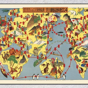 Mappa pittorica giapponese Sugoroku del mondo (1926) – Affascinante arte murale allegorica d&#39;epoca