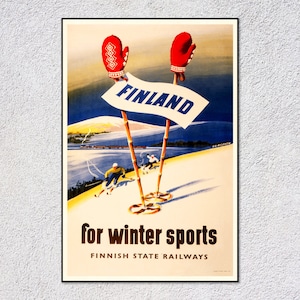 Póster de deportes de invierno de Finlandia – Impresión de esquí vintage – Arte de viaje retro – Decoración clásica de aventuras nórdicas