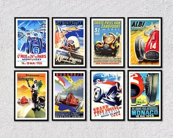 Poster vintage di rally/arte retrò per sport motoristici, set di 8 pezzi per l'arredamento di casa