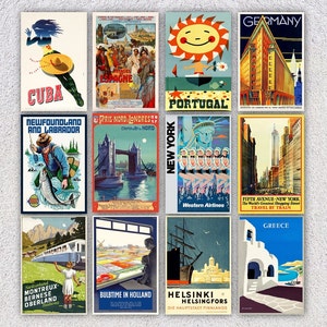 Set van 12 vintage reiskaarten | Gerestaureerde retroposters uit Europa en Amerika | Kaartenpakket