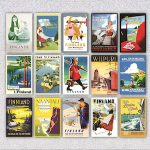 Conjunto de 15 postales vintage de viaje a Finlandia / Reimpresión de pósteres escandinavos / Decoración nórdica