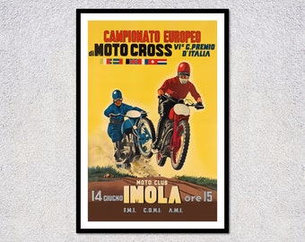 May include: Vintage poster advertising a European Moto Cross Championship race. The poster features two motorcyclists racing, with text in Italian. The poster is framed in black and has a yellow background.