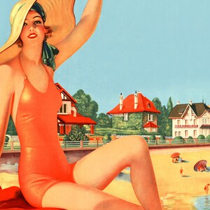 Vintage Uruguay-posters & prenten Retro reisposter toont een mooie vrouw op het strand in Uruguay afbeelding 2