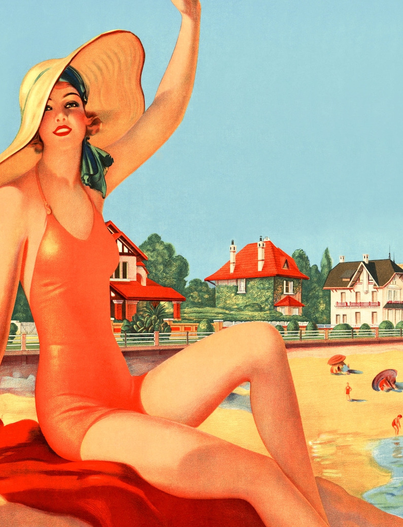 Vintage Uruguay-posters & prenten Retro reisposter toont een mooie vrouw op het strand in Uruguay afbeelding 2