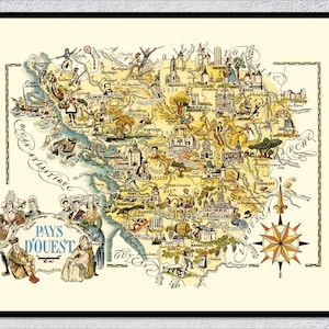 Landkarte Pays d'Ouest – Illustrierte Regionskarte von Westfrankreich – Vintage Kartographie-Wandkunst