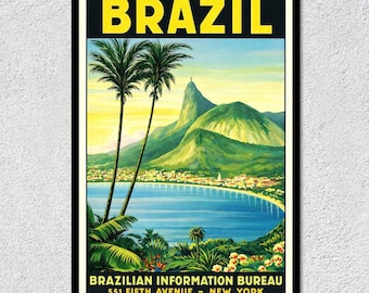 May include: A vintage travel poster for Brazil, showcasing a scenic landscape with palm trees, a mountain, and a coastal city. The word "BRAZIL" is in bold yellow letters at the top. The poster includes the text "BRAZILIAN INFORMATION BUREAU 551 FIFTH AVENUE - NEW YORK."