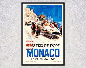 Op de afbeelding: Vintage poster voor de 6e Grand Prix van Europa in Monaco, 1963. De afbeelding toont raceauto's op een kustweg, met de stad en de zee op de achtergrond. De poster heeft een retro-stijl met vette tekst.