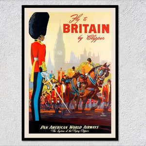 Poster Fly to Britain by Clipper - impression de compagnie aérienne vintage - oeuvre d'art de voyage rétro - décoration murale aviation classique