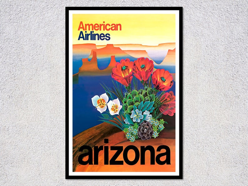 May include: Vintage travel poster for American Airlines featuring a desert landscape with red flowers and the word "arizona". The poster has a retro style with vibrant colors and a bold design, perfect for wall art.