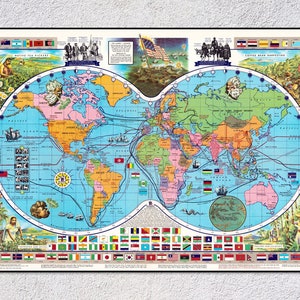 Mapa mundial de las especias: mapa pictórico del mundo: rutas comerciales mundiales ilustradas y arte mural con especias