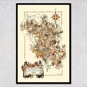 Mappa d'epoca della Borgogna (Borgogna) - Mappa regionale illustrata della Francia - Decorazione artistica da parete storica
