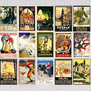 Lot de 15 cartes postales polonaises | affiches de voyage vintage | Pack de réimpression Europe de l'Est