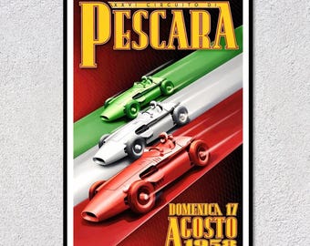 Póster del Rally de Italia de 1958, carrera en circuito de Pescara / Lámina de automovilismo